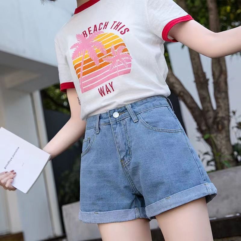 High-waisted black denim short pants for women in summer, with rolled edges, loose and comfortable, slimming and A-shaped wide-leg pants, hot pants, Korean style trendy