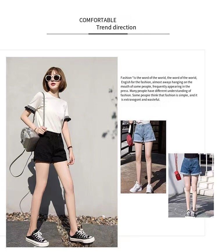 High-waisted black denim short pants for women in summer, with rolled edges, loose and comfortable, slimming and A-shaped wide-leg pants, hot pants, Korean style trendy
