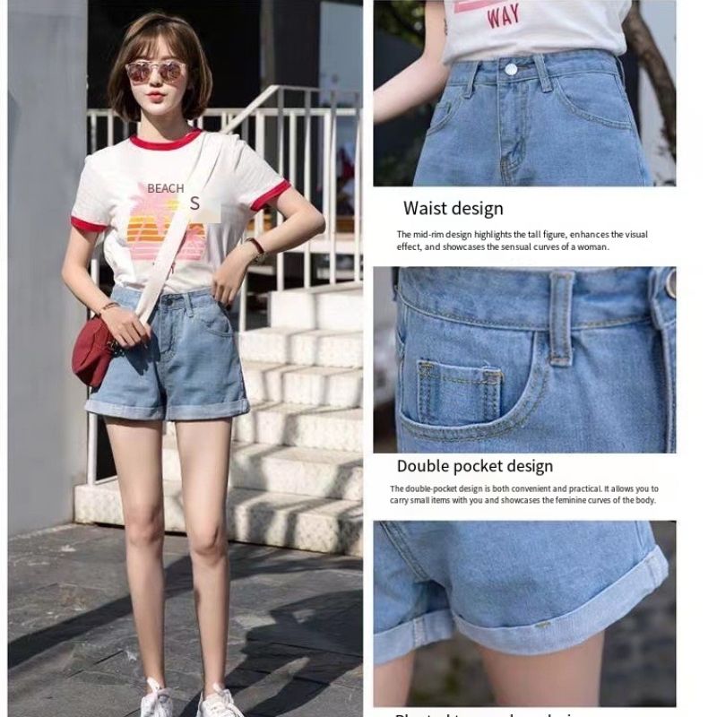 High-waisted black denim short pants for women in summer, with rolled edges, loose and comfortable, slimming and A-shaped wide-leg pants, hot pants, Korean style trendy