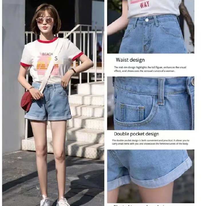High-waisted black denim short pants for women in summer, with rolled edges, loose and comfortable, slimming and A-shaped wide-leg pants, hot pants, Korean style trendy