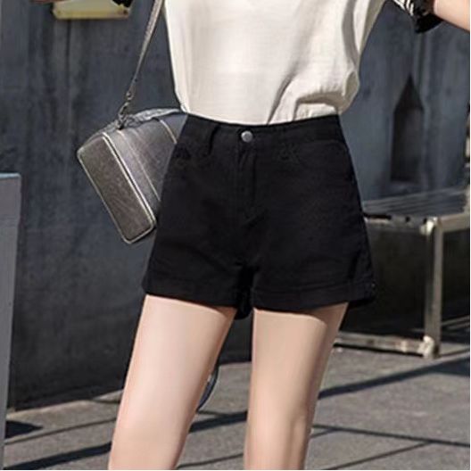 High-waisted black denim short pants for women in summer, with rolled edges, loose and comfortable, slimming and A-shaped wide-leg pants, hot pants, Korean style trendy