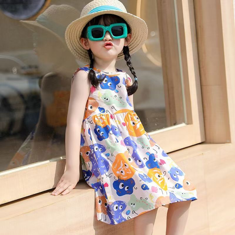 Girls' summer cotton dress for children, new style, large size, princess-style top and skirt, Korean version, girls' dress, children's clothing, floral pattern