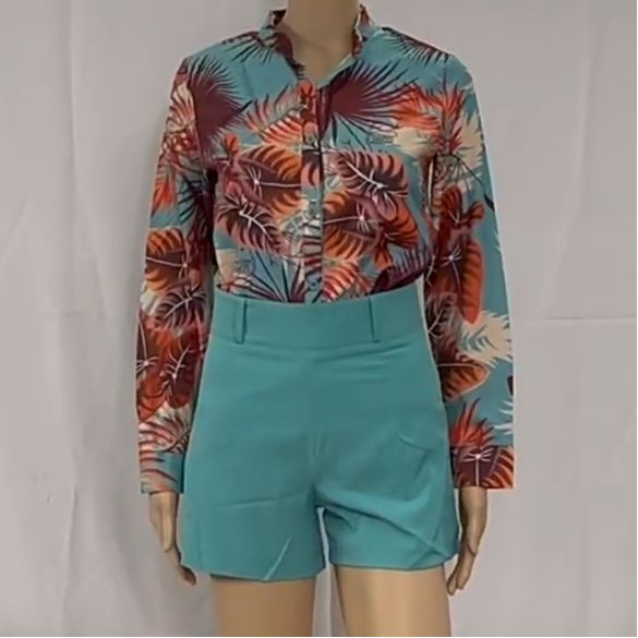 2 pcs 2026 New Long-Sleeved Shirt and Shorts Women's Set with Light and Sophisticated Digital Printing, Stand-Up Collar Long-Sleeved Shirt, Shorts for Women