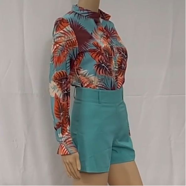 2 pcs 2026 New Long-Sleeved Shirt and Shorts Women's Set with Light and Sophisticated Digital Printing, Stand-Up Collar Long-Sleeved Shirt, Shorts for Women