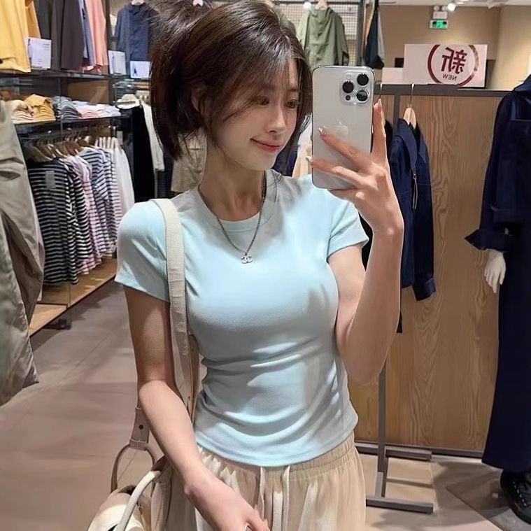 White short-sleeved base shirt worn under a T-shirt. Women's 2026 summer new style slim-fitting, bold girl short-sleeved front-shoulder top