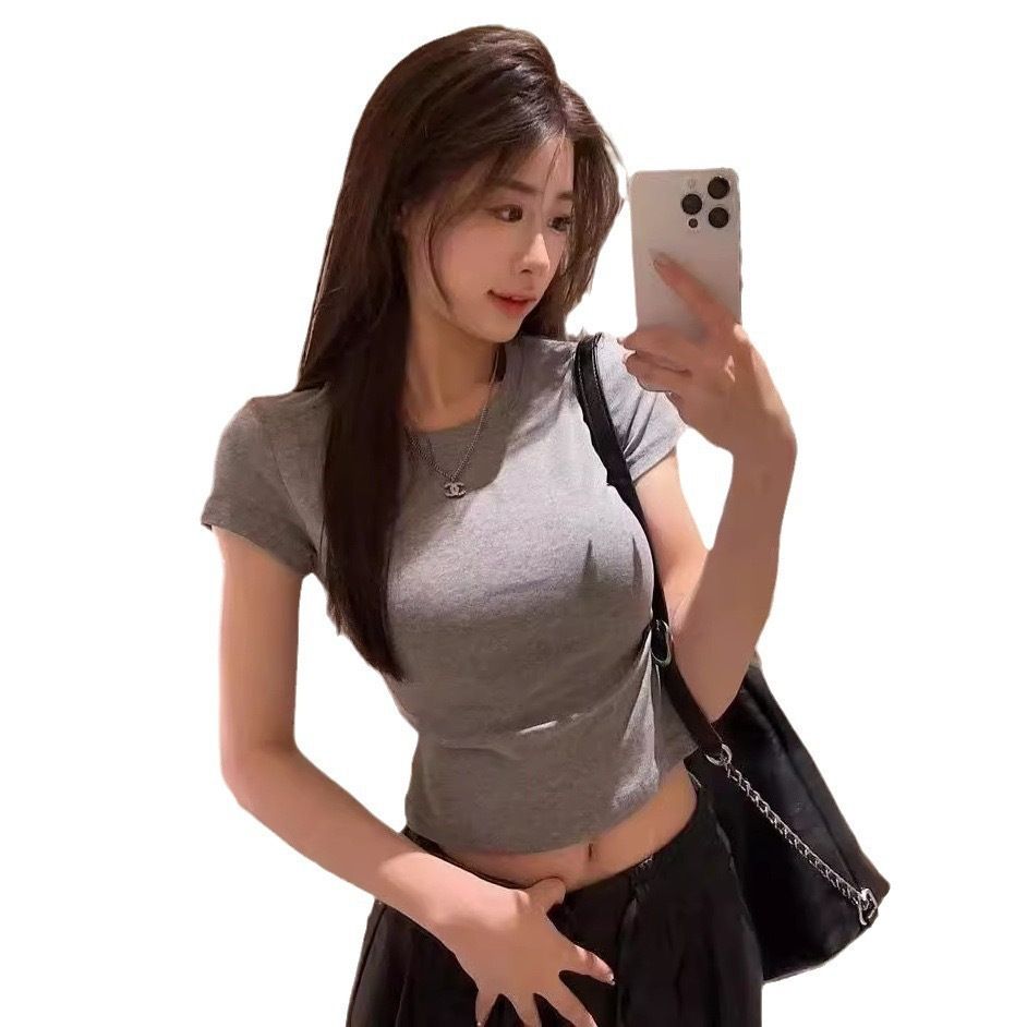 White short-sleeved base shirt worn under a T-shirt. Women's 2026 summer new style slim-fitting, bold girl short-sleeved front-shoulder top