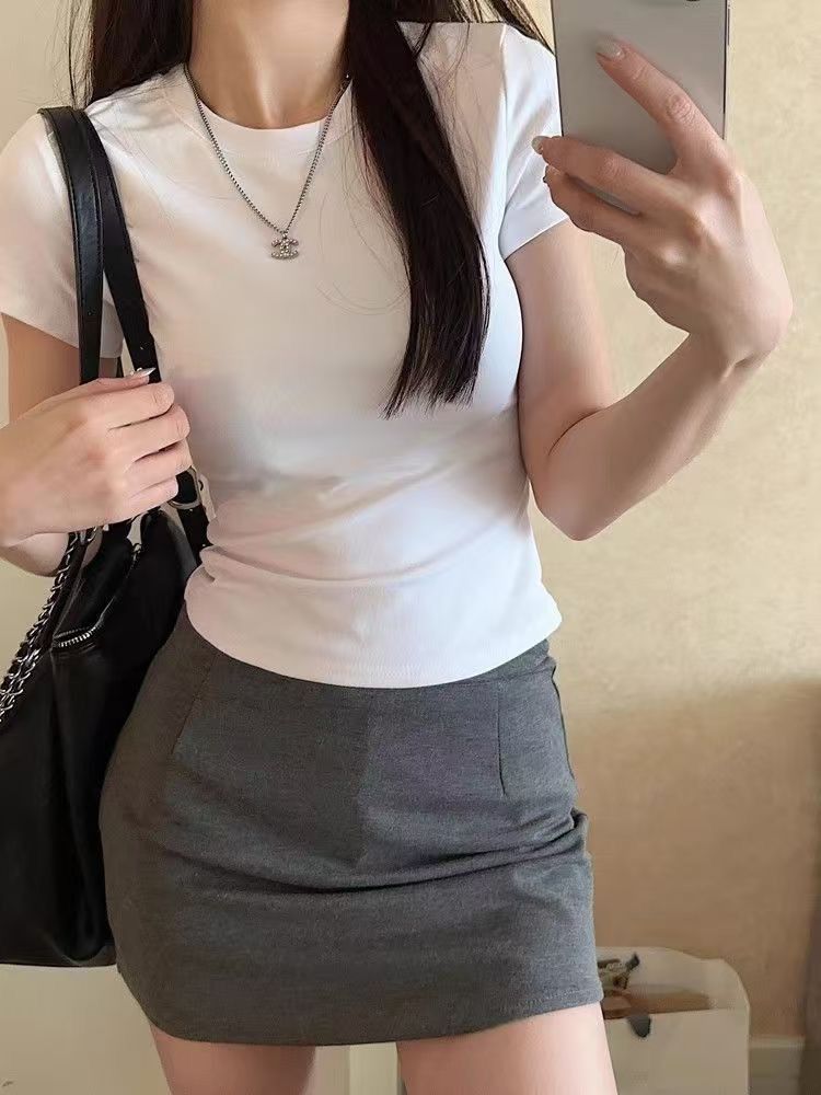 White short-sleeved base shirt worn under a T-shirt. Women's 2026 summer new style slim-fitting, bold girl short-sleeved front-shoulder top