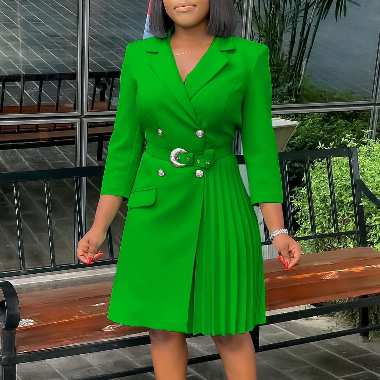 New style export high-waisted fashionable cinched waist pleated patchwork mid-length suit dress