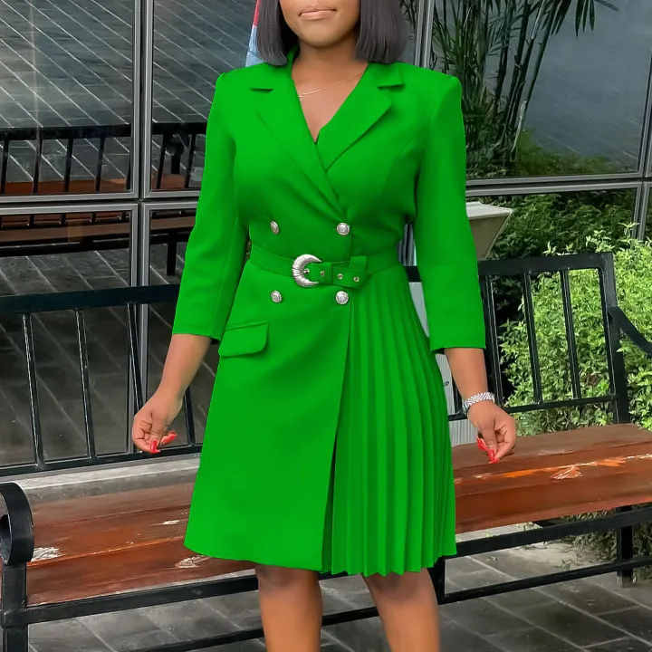 New style export high-waisted fashionable cinched waist pleated patchwork mid-length suit dress