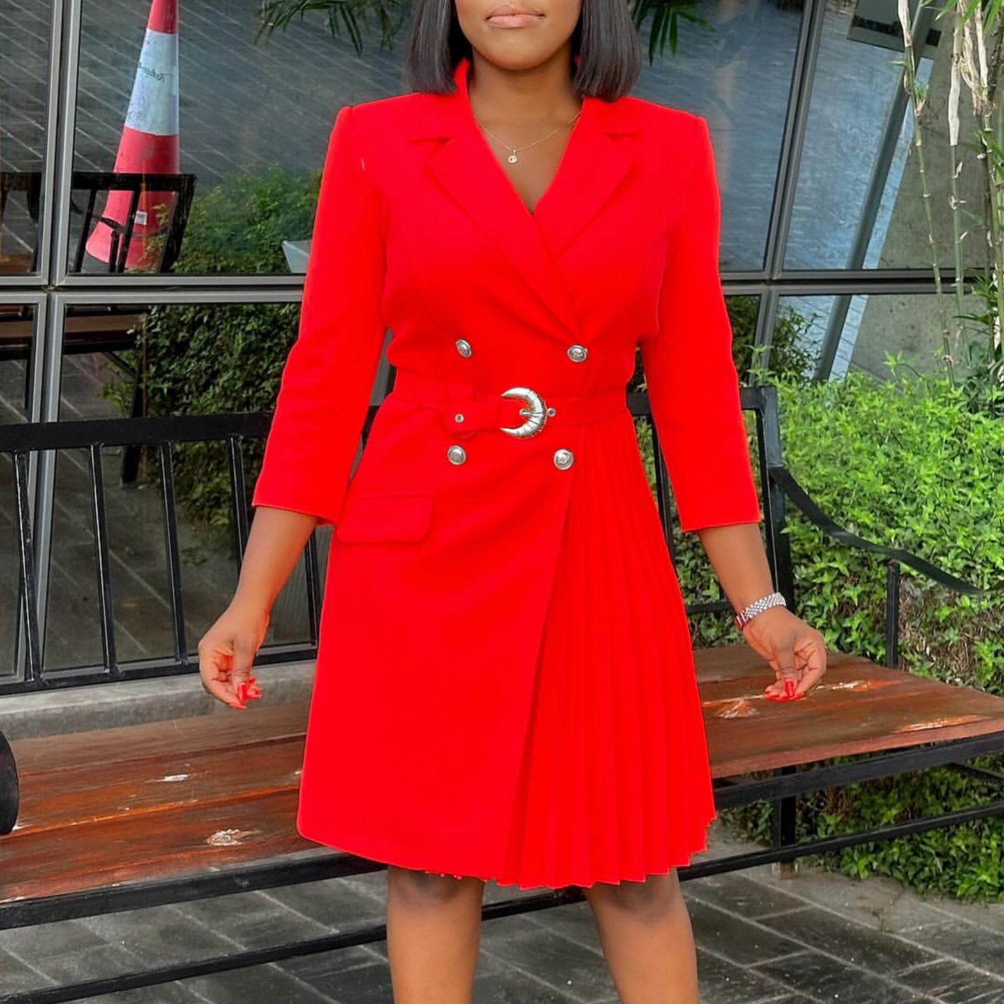 New style export high-waisted fashionable cinched waist pleated patchwork mid-length suit dress