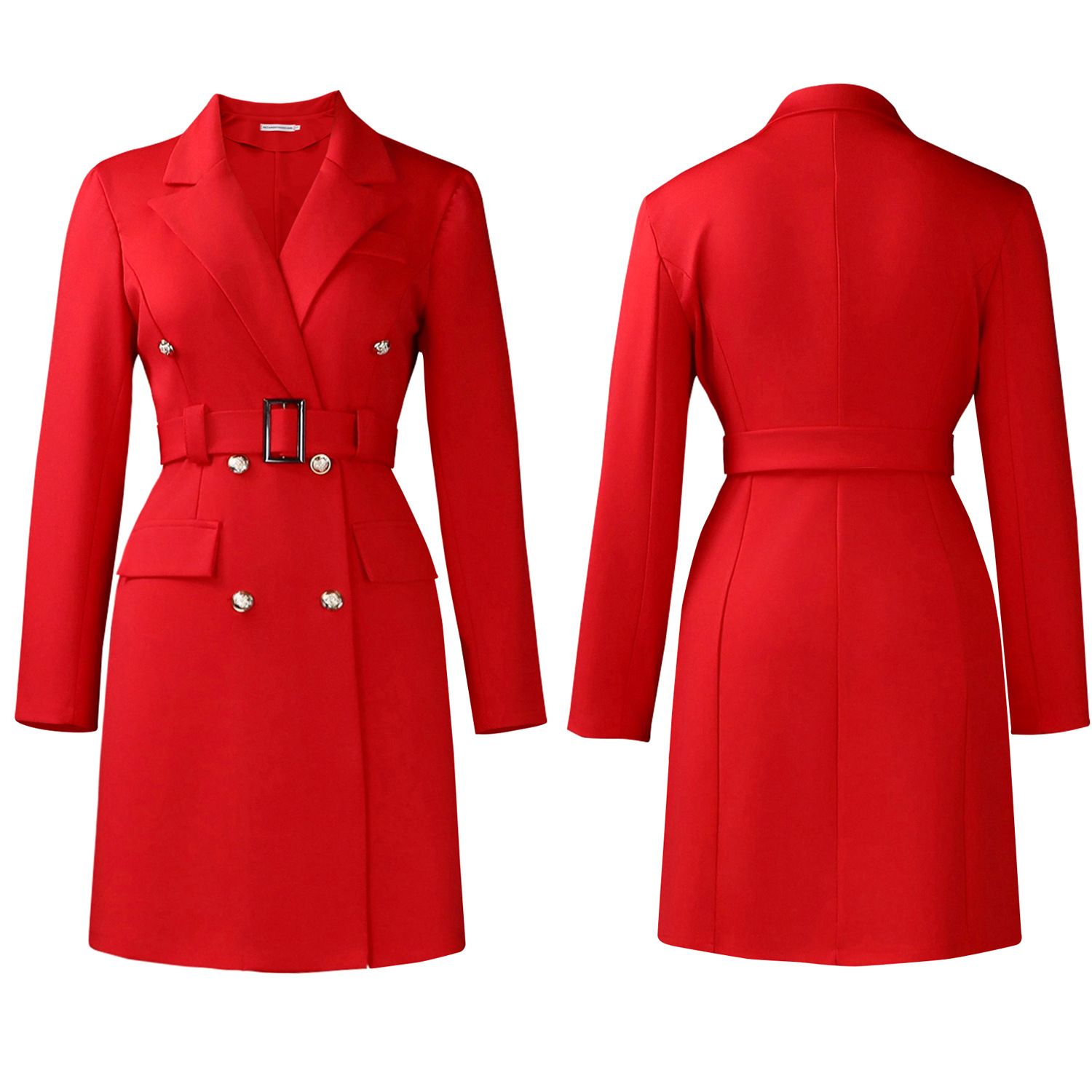 New style European and American double-breasted pure color suit collar long-sleeved figure-hugging office dress