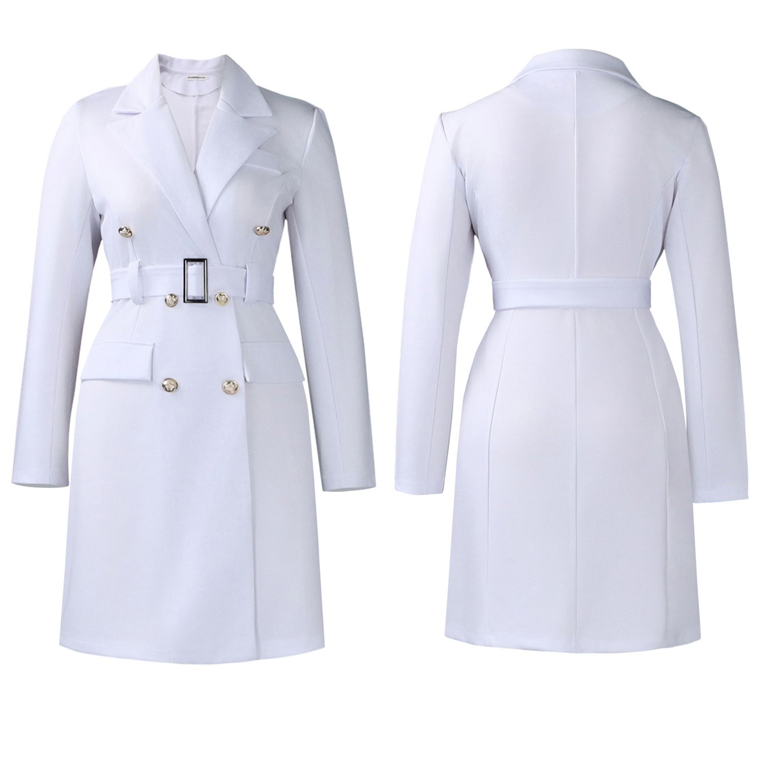 New style European and American double-breasted pure color suit collar long-sleeved figure-hugging office dress