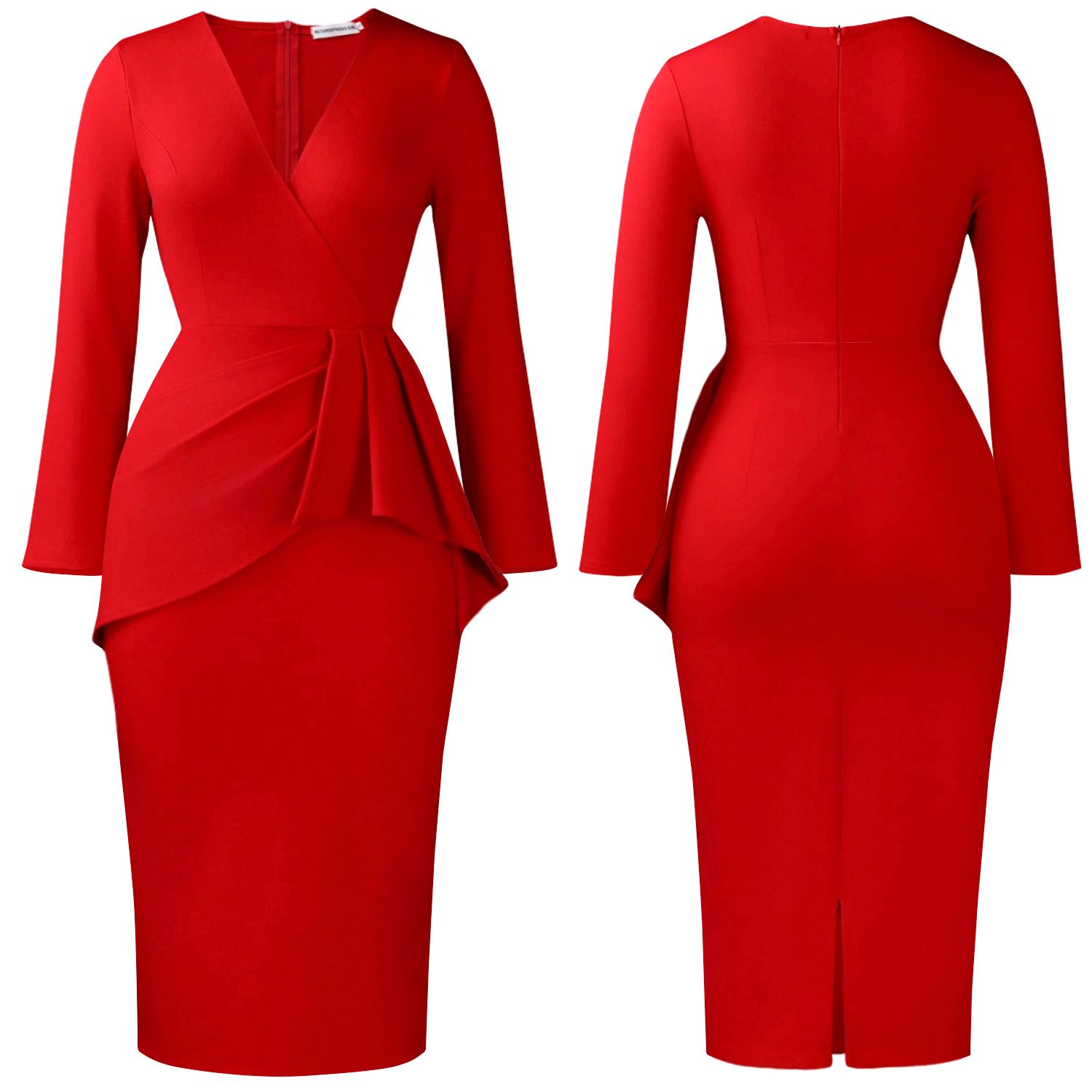 V-neck solid color pleated long-sleeved office lady autumn and winter 2026 European and American style figure-hugging dress