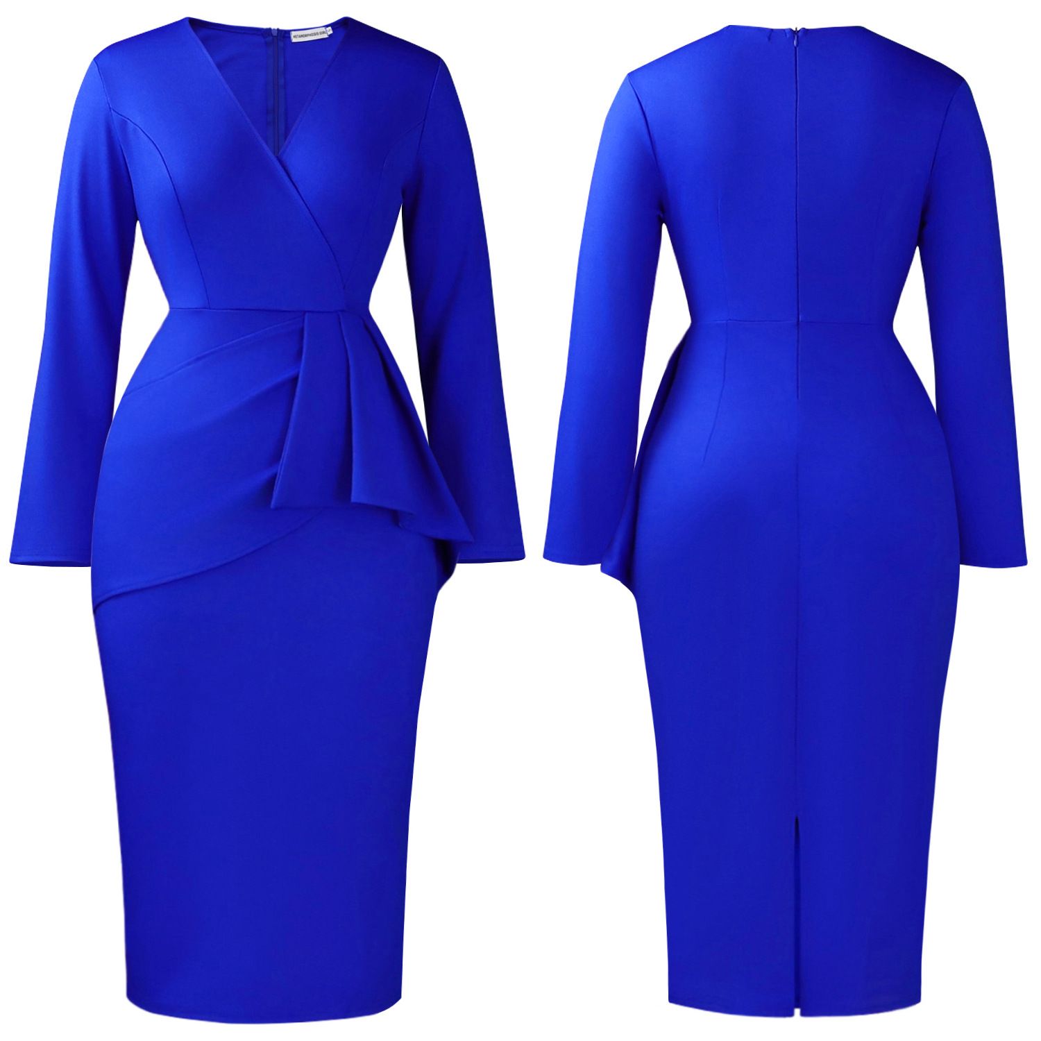 V-neck solid color pleated long-sleeved office lady autumn and winter 2026 European and American style figure-hugging dress