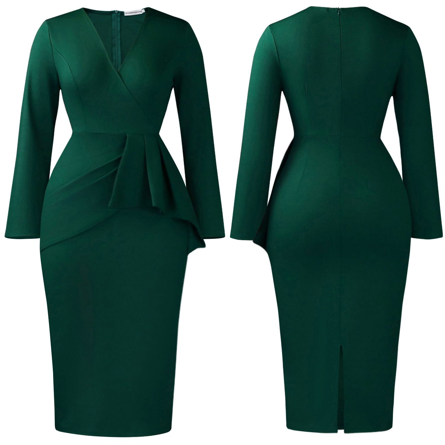 V-neck solid color pleated long-sleeved office lady autumn and winter 2026 European and American style figure-hugging dress