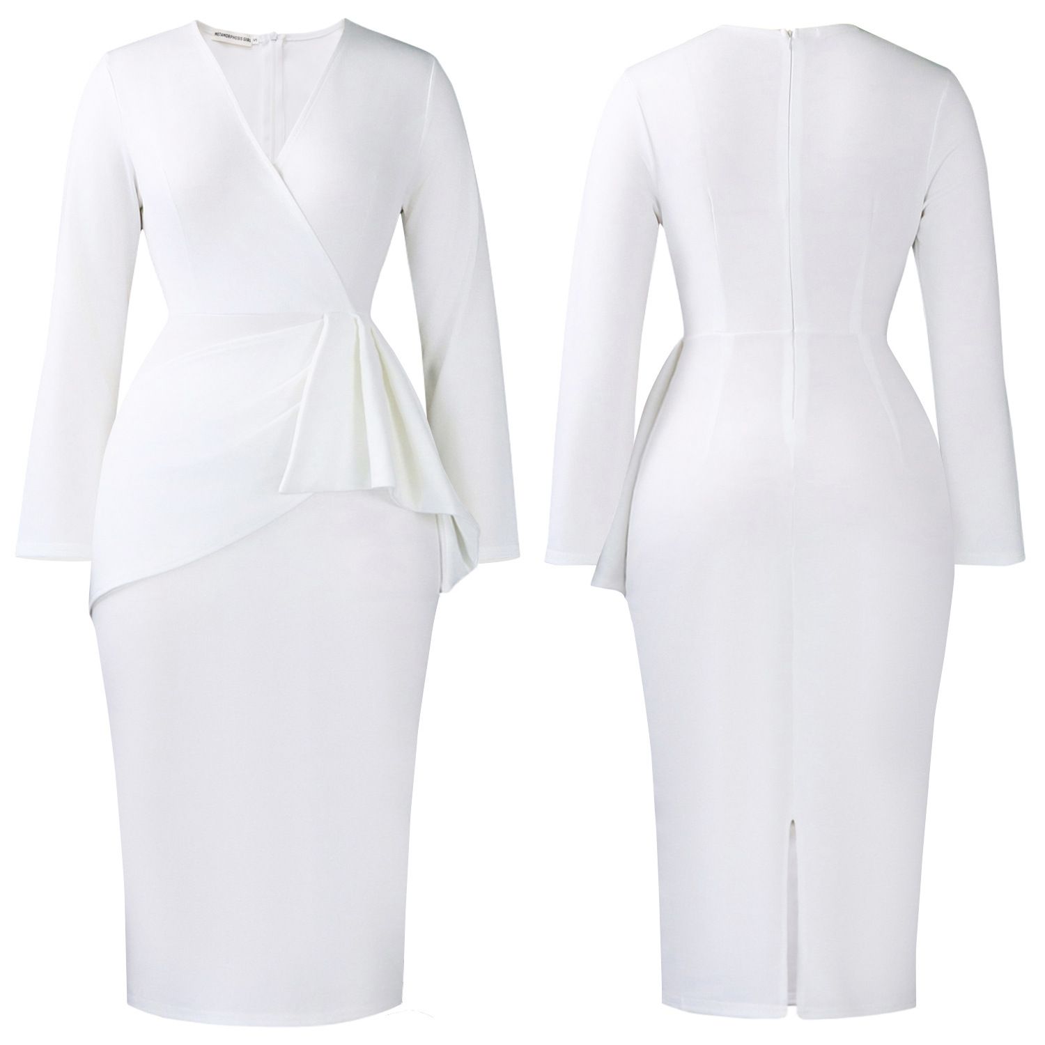 V-neck solid color pleated long-sleeved office lady autumn and winter 2026 European and American style figure-hugging dress