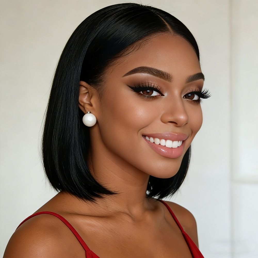 European style black mid-length straight bob hairstyle wigs, synthetic hair with high temperature treatment, natural and realistic fake hair head coverings