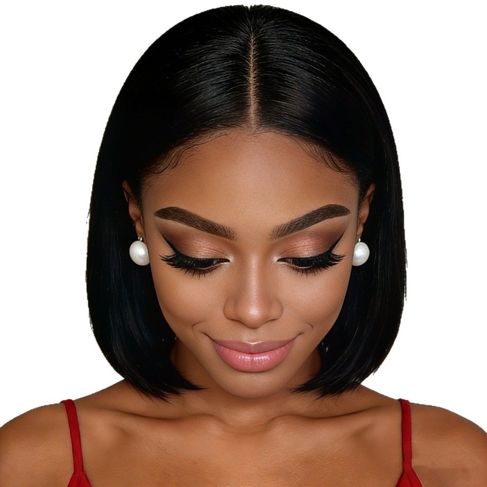 European style black mid-length straight bob hairstyle wigs, synthetic hair with high temperature treatment, natural and realistic fake hair head coverings