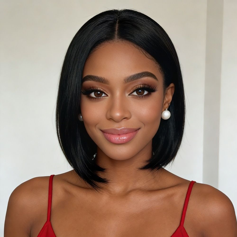 European style black mid-length straight bob hairstyle wigs, synthetic hair with high temperature treatment, natural and realistic fake hair head coverings