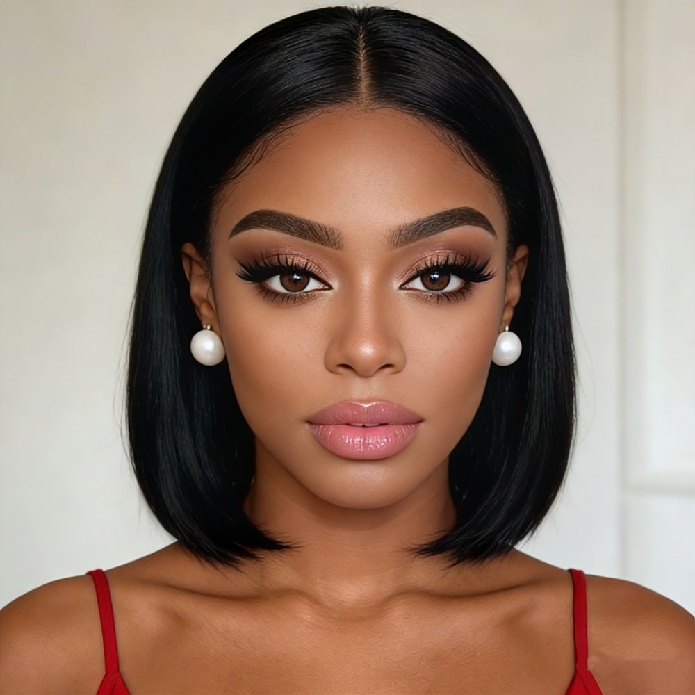 European style black mid-length straight bob hairstyle wigs, synthetic hair with high temperature treatment, natural and realistic fake hair head coverings