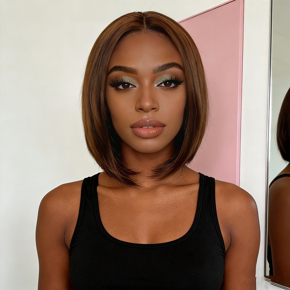 European style black mid-length straight bob hairstyle wigs, synthetic hair with high temperature treatment, natural and realistic fake hair head coverings