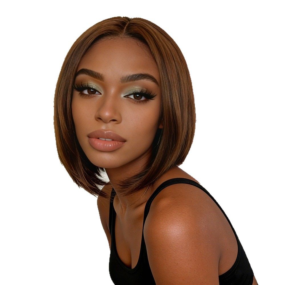 European style black mid-length straight bob hairstyle wigs, synthetic hair with high temperature treatment, natural and realistic fake hair head coverings
