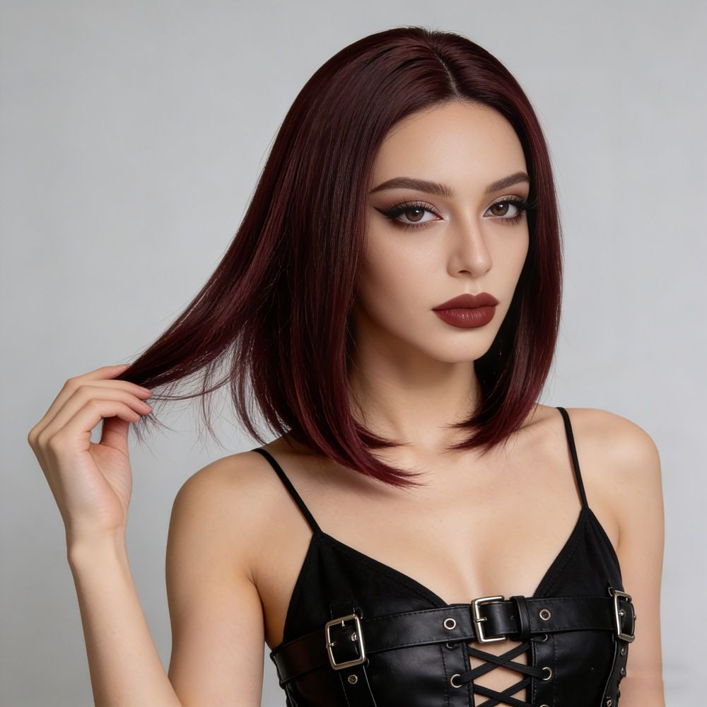 European style black mid-length straight bob hairstyle wigs, synthetic hair with high temperature treatment, natural and realistic fake hair head coverings