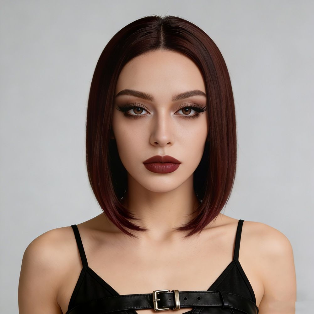 European style black mid-length straight bob hairstyle wigs, synthetic hair with high temperature treatment, natural and realistic fake hair head coverings
