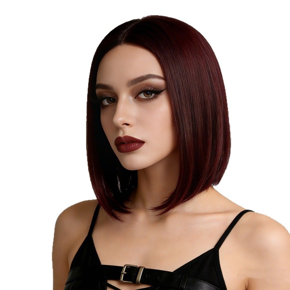 European style black mid-length straight bob hairstyle wigs, synthetic hair with high temperature treatment, natural and realistic fake hair head coverings