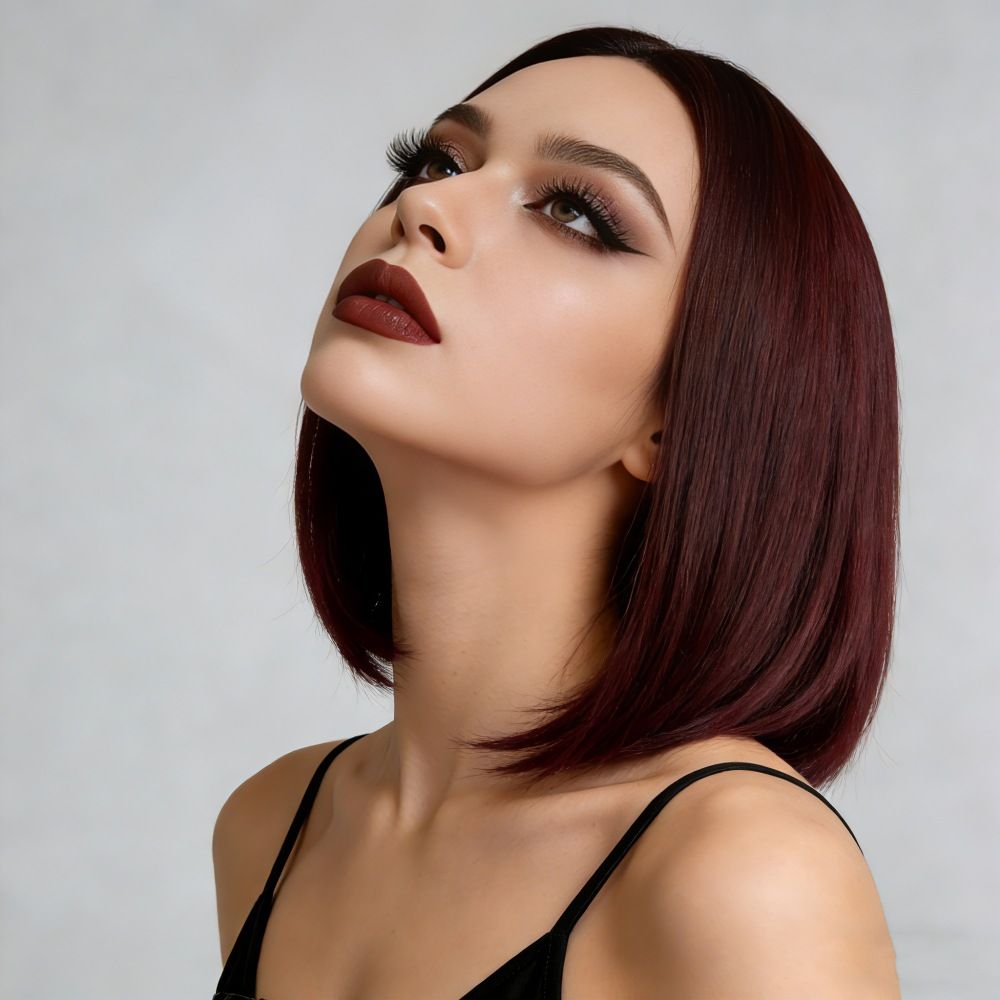 European style black mid-length straight bob hairstyle wigs, synthetic hair with high temperature treatment, natural and realistic fake hair head coverings