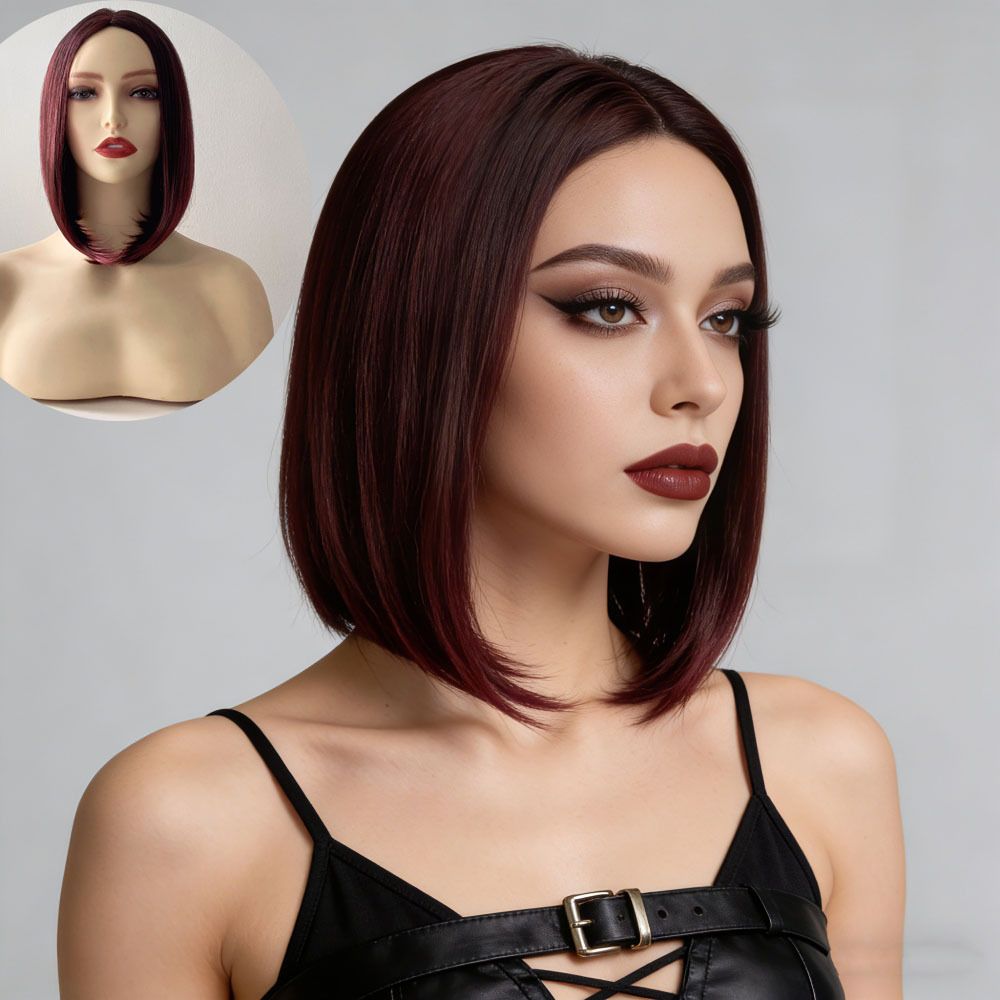 European style black mid-length straight bob hairstyle wigs, synthetic hair with high temperature treatment, natural and realistic fake hair head coverings