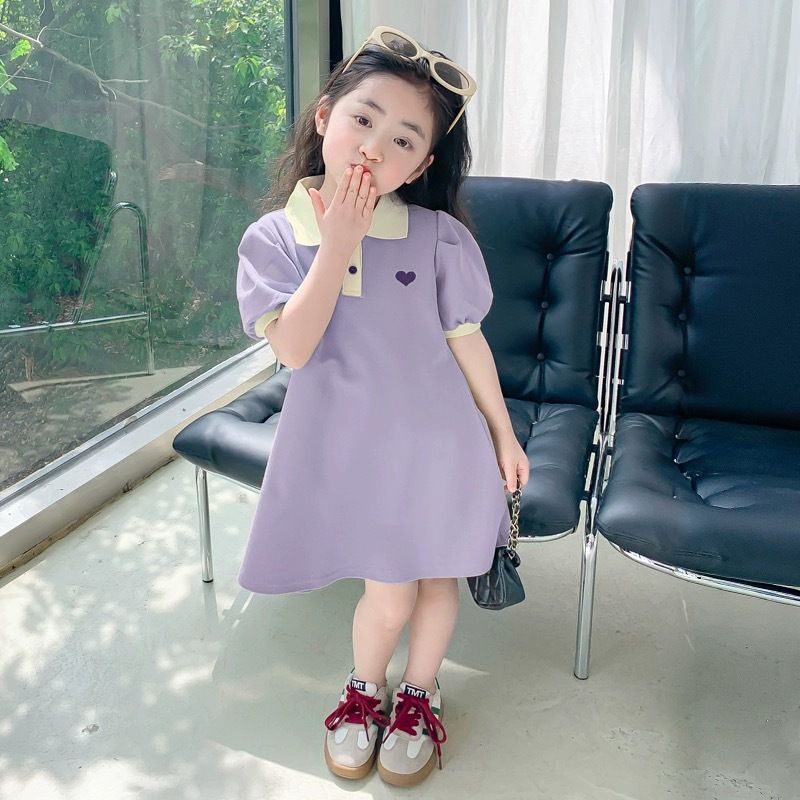 Girls' Princess Dress Summer Girl's Skirt Polo Solid Color Korean Style A-Line Skirt Short Sleeve Skirt Hem Formal Dress Cartoon