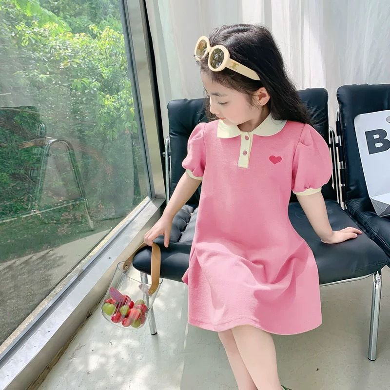 Girls' Princess Dress Summer Girl's Skirt Polo Solid Color Korean Style A-Line Skirt Short Sleeve Skirt Hem Formal Dress Cartoon