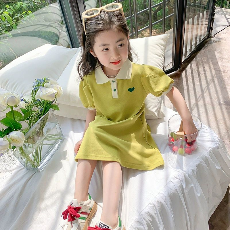 Girls' Princess Dress Summer Girl's Skirt Polo Solid Color Korean Style A-Line Skirt Short Sleeve Skirt Hem Formal Dress Cartoon