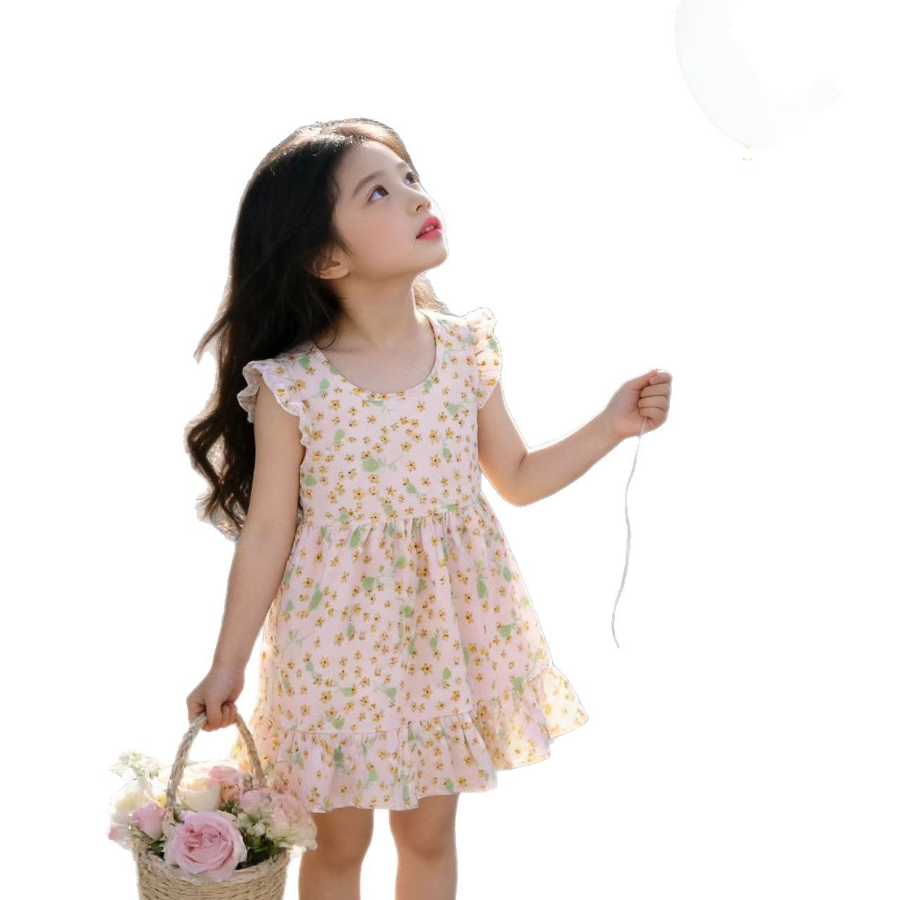 Girls' summer cotton dress for children, new style, large size, princess-style top and skirt, Korean version, girls' dress, children's clothing, floral pattern