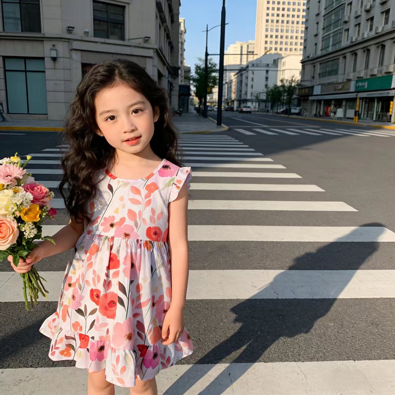 Girls' summer cotton dress for children, new style, large size, princess-style top and skirt, Korean version, girls' dress, children's clothing, floral pattern