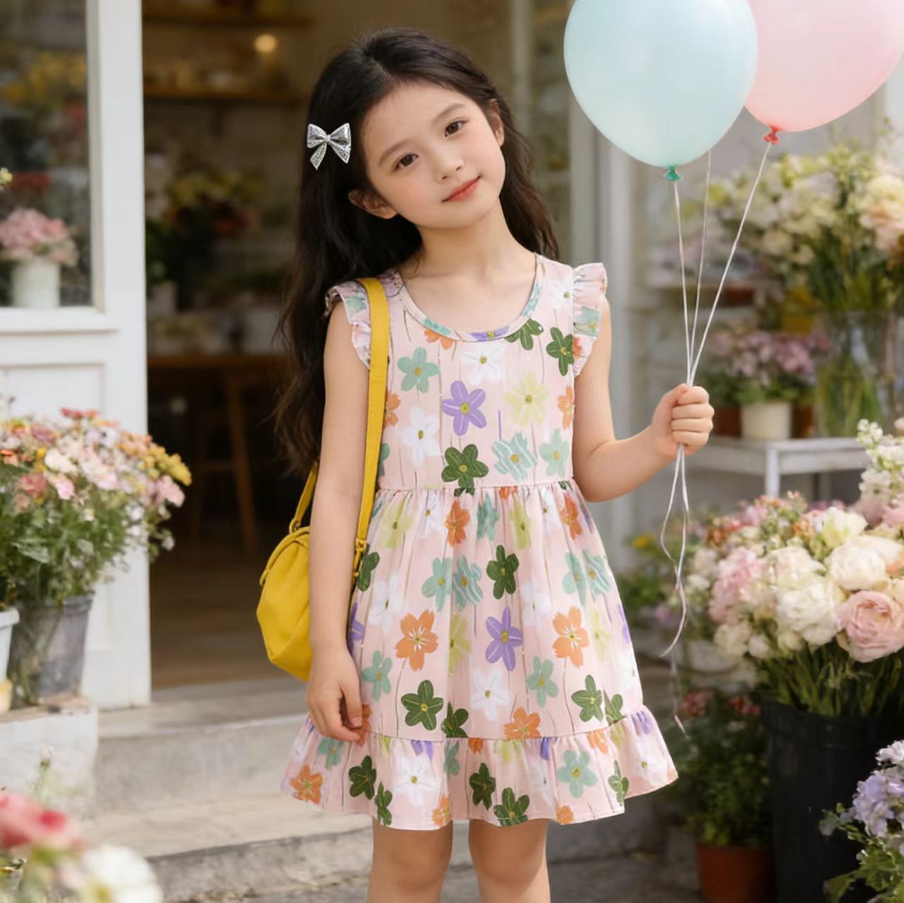Girls' summer cotton dress for children, new style, large size, princess-style top and skirt, Korean version, girls' dress, children's clothing, floral pattern