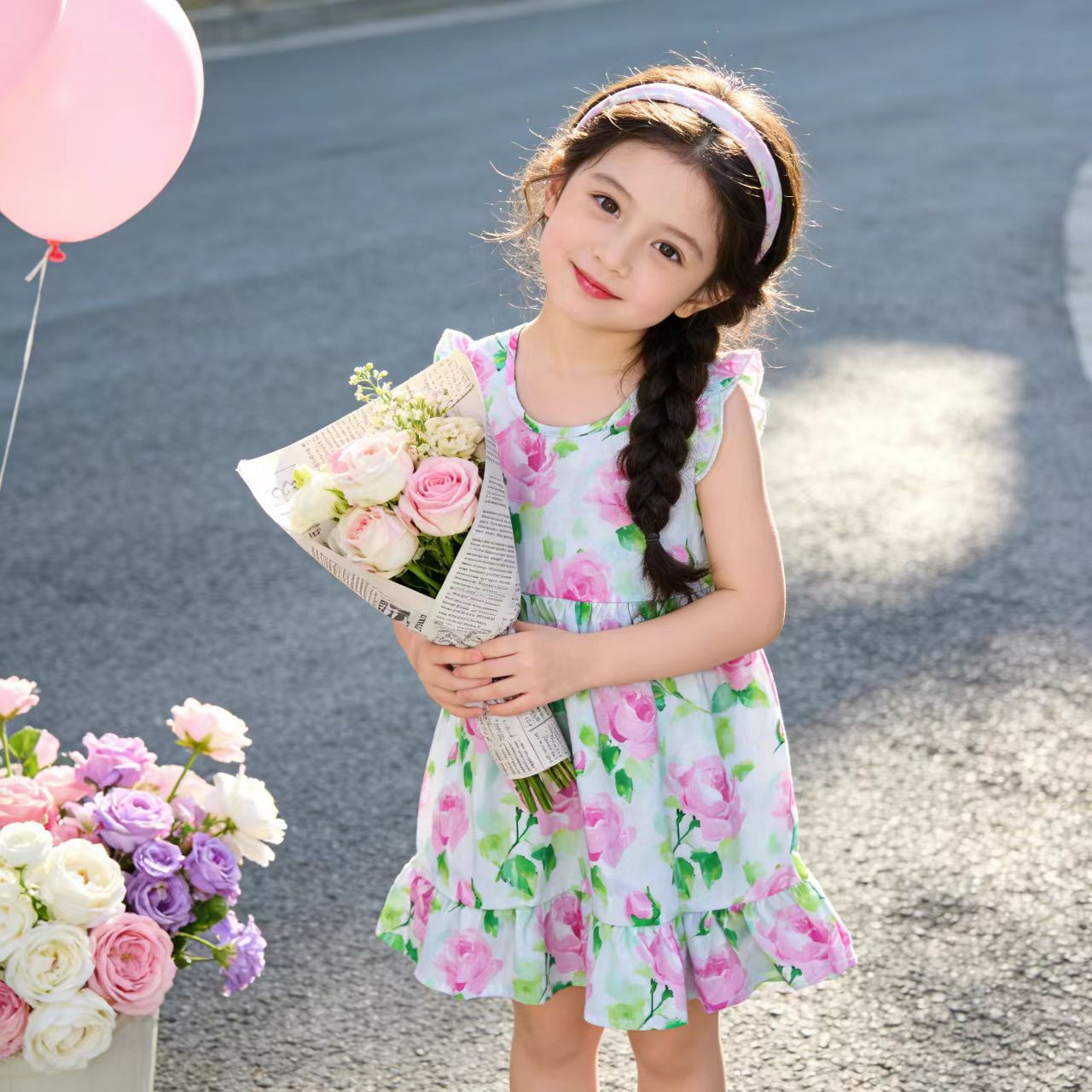 Girls' summer cotton dress for children, new style, large size, princess-style top and skirt, Korean version, girls' dress, children's clothing, floral pattern