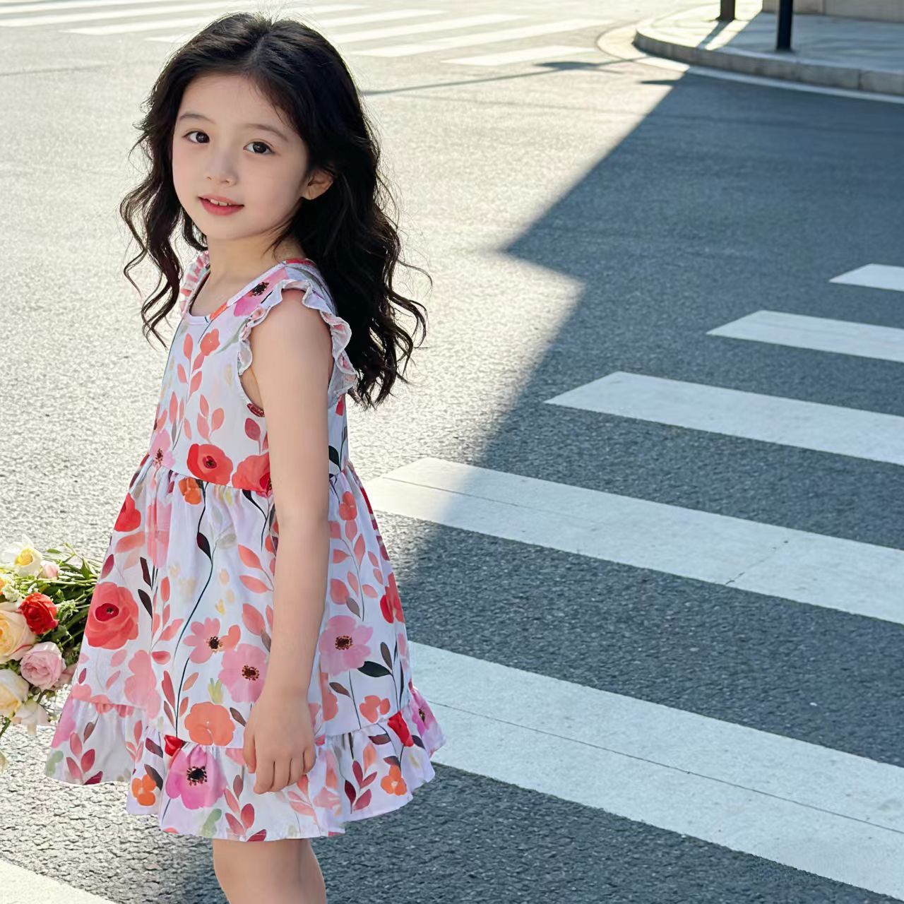 Girls' summer cotton dress for children, new style, large size, princess-style top and skirt, Korean version, girls' dress, children's clothing, floral pattern