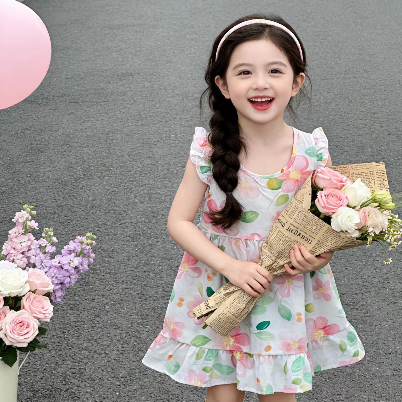 Girls' summer cotton dress for children, new style, large size, princess-style top and skirt, Korean version, girls' dress, children's clothing, floral pattern