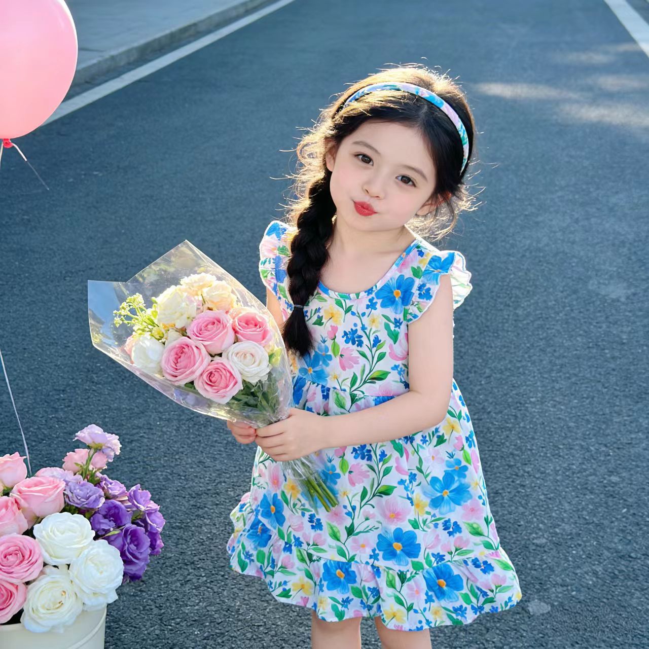 Girls' summer cotton dress for children, new style, large size, princess-style top and skirt, Korean version, girls' dress, children's clothing, floral pattern