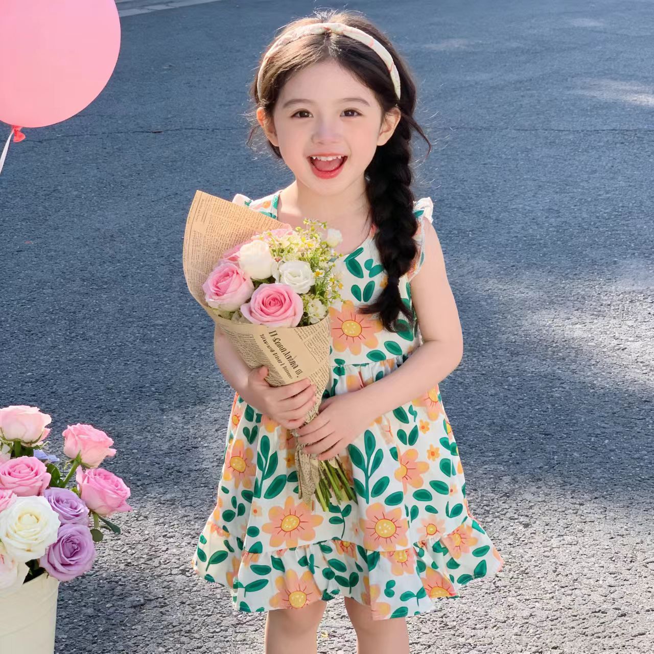 Girls' summer cotton dress for children, new style, large size, princess-style top and skirt, Korean version, girls' dress, children's clothing, floral pattern