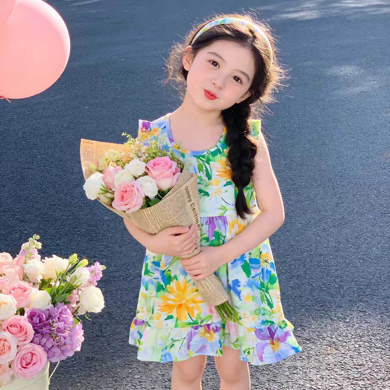 Girls' summer cotton dress for children, new style, large size, princess-style top and skirt, Korean version, girls' dress, children's clothing, floral pattern