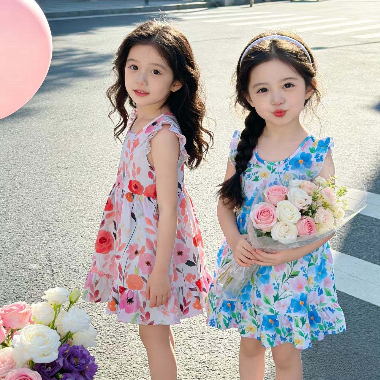 Girls' summer cotton dress for children, new style, large size, princess-style top and skirt, Korean version, girls' dress, children's clothing, floral pattern