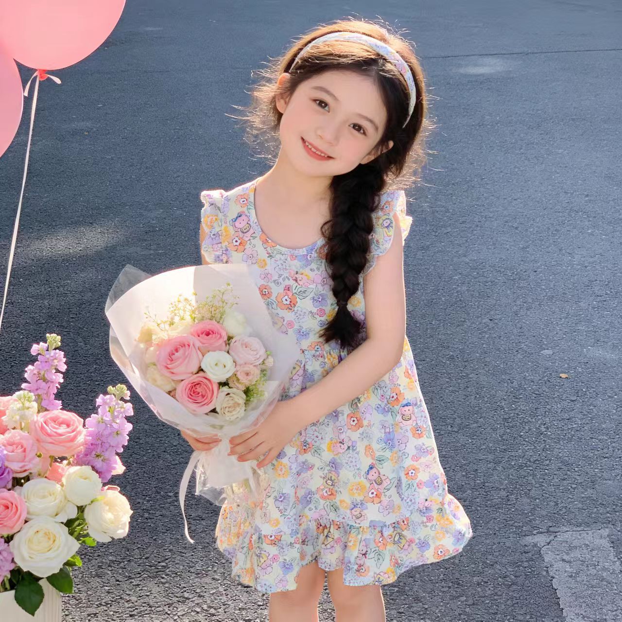 Girls' summer cotton dress for children, new style, large size, princess-style top and skirt, Korean version, girls' dress, children's clothing, floral pattern