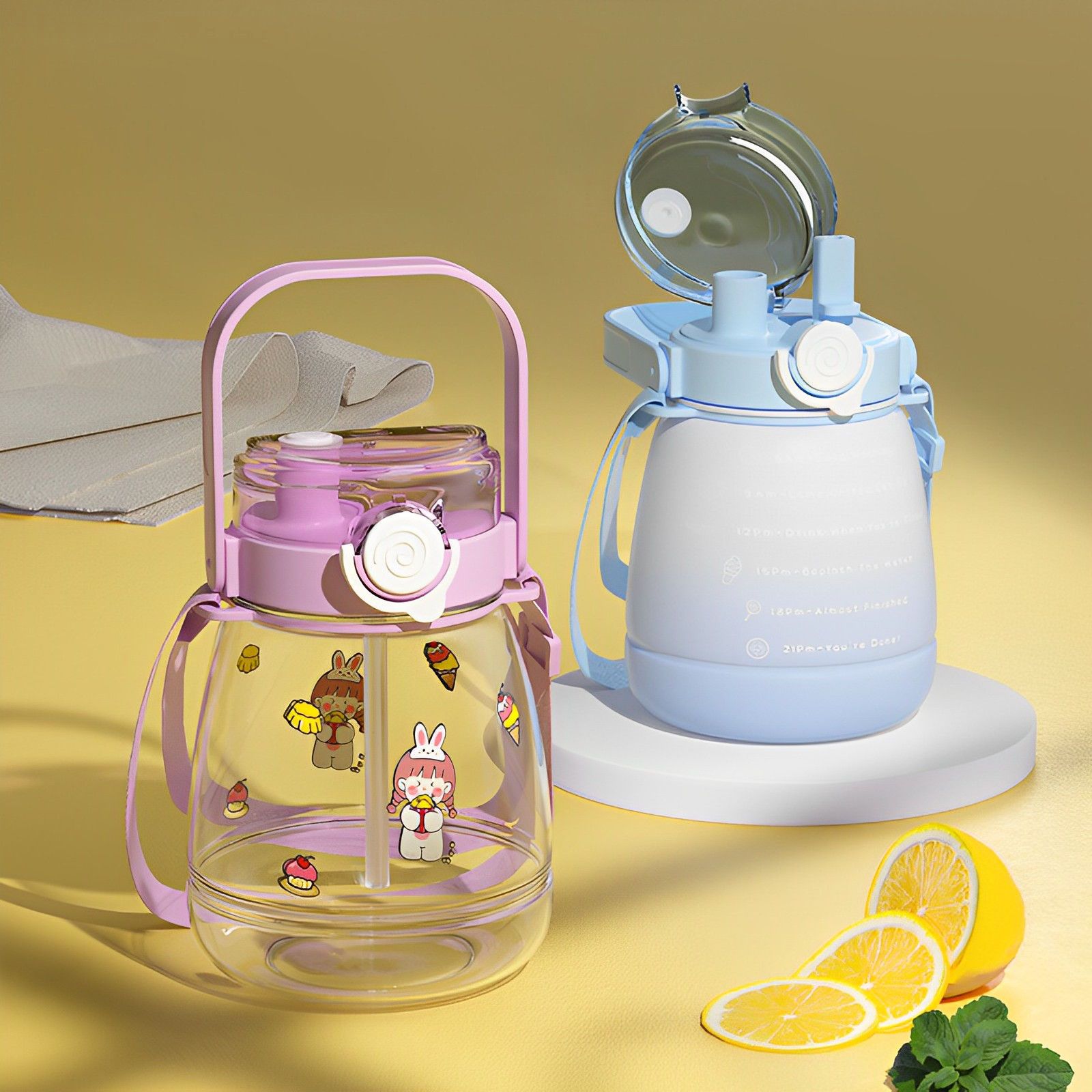 1300ml Giant Plastic Tumbler - Cute Straw Cup with Handle, Heat-resistant & Portable Big Belly Cup for Students, Sports, Fitness & Home Use (stickers random)