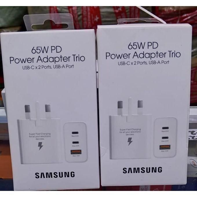 Samsung High-Speed 3-in-1 Charger Adapter 65W / 25W / 15W – USB-C & USB-A Ports for Phones, Laptops, Tablets – Quick Charge Travel Adapter - white