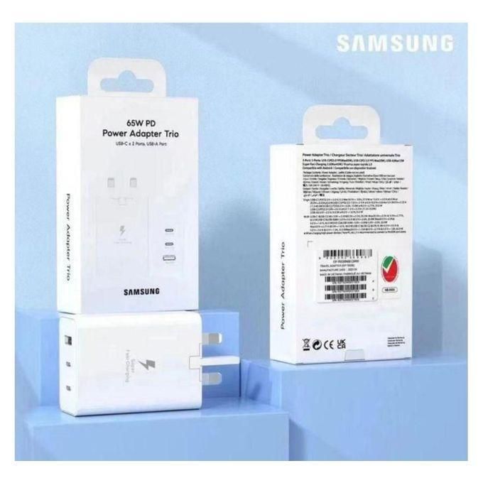 Samsung High-Speed 3-in-1 Charger Adapter 65W / 25W / 15W – USB-C & USB-A Ports for Phones, Laptops, Tablets – Quick Charge Travel Adapter - white
