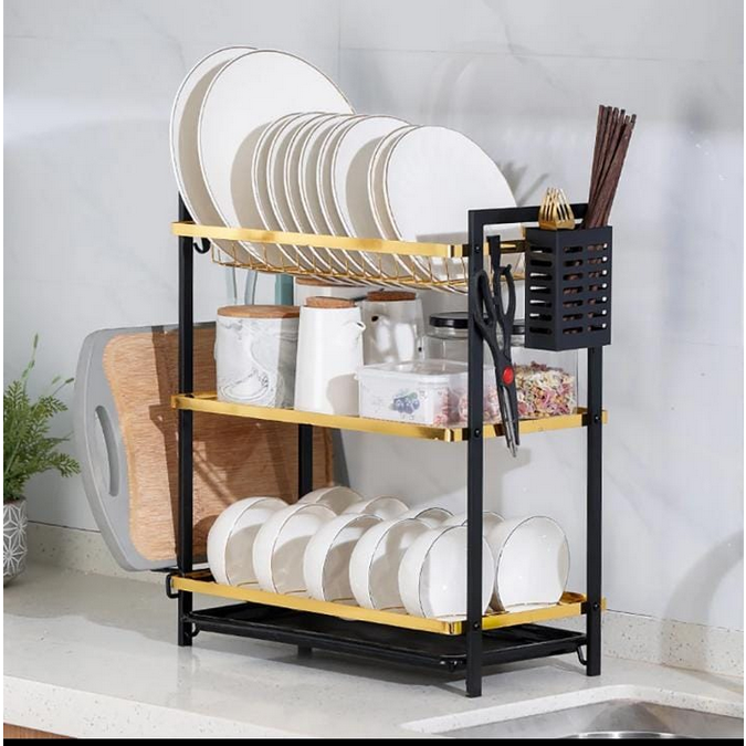 3 Tier Metallic Dish Rack Kitchen Organizer with Drain Tray, Cutlery Holder & Cup Stand – Large Capacity Stainless Steel Dish Drying Rack for Plates, Bowls & Utensils