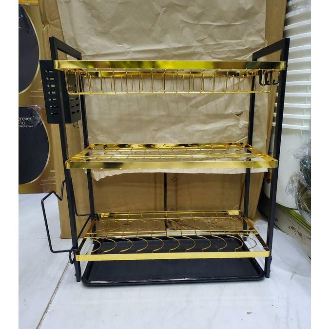 3 Tier Metallic Dish Rack Kitchen Organizer with Drain Tray, Cutlery Holder & Cup Stand – Large Capacity Stainless Steel Dish Drying Rack for Plates, Bowls & Utensils